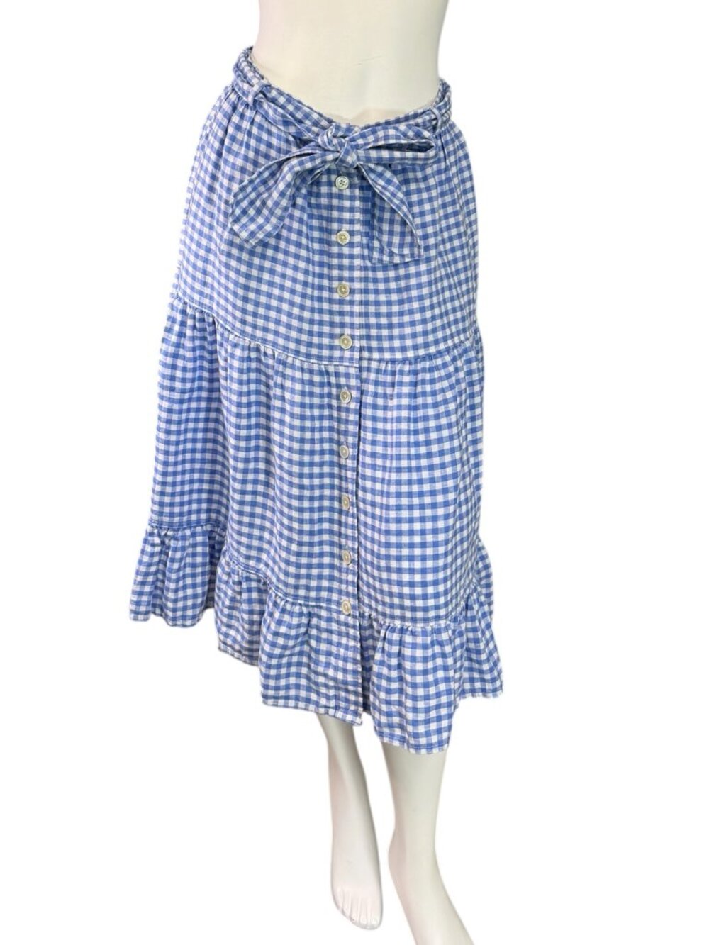 POLO Ralph Lauren Gingham Linen Tiered Midi Skirt Blue & White Check $198 Size 6